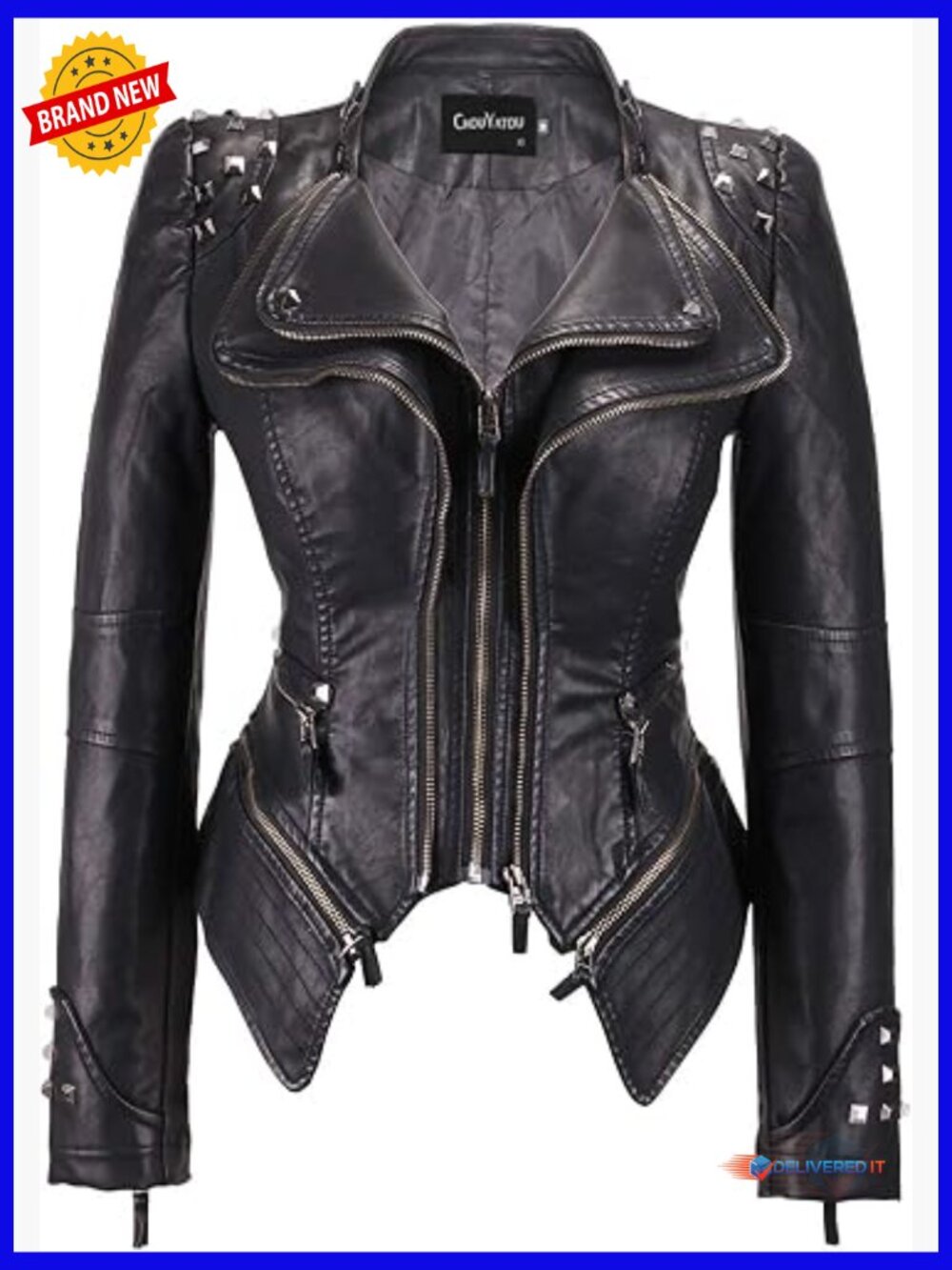 Faux Leather Biker Jacket with Metal Rivets and Adjustable Hem